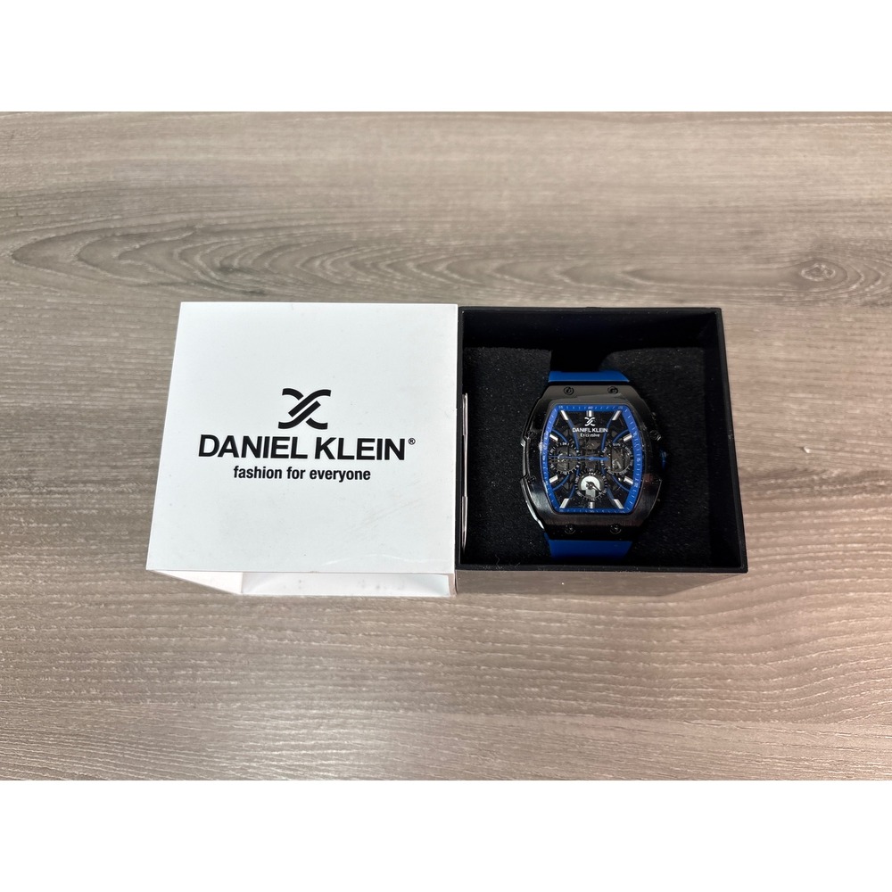 Daniel Klein Exclusive Mens‎ Watch Black Tonneau Blue Silicone Strap Multi-Dial